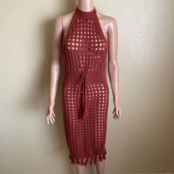 Halter Knit Cover Up Midi Dress Rust Medium - Picture 1 of 6